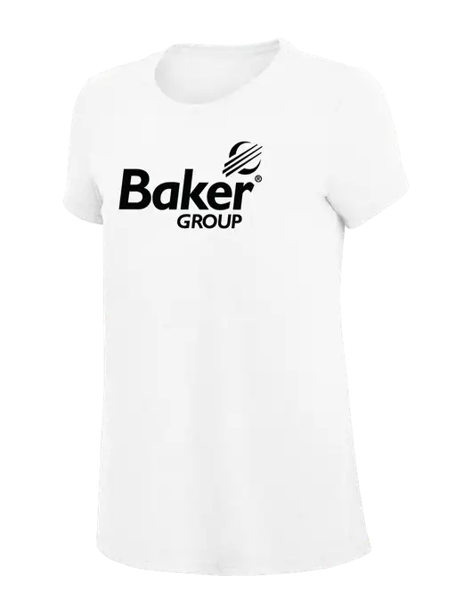 Womens Simply Soft White 4.5oz Poly/Combed Ring Spun Cotton T-Shirt
 w/Baker Group Logo