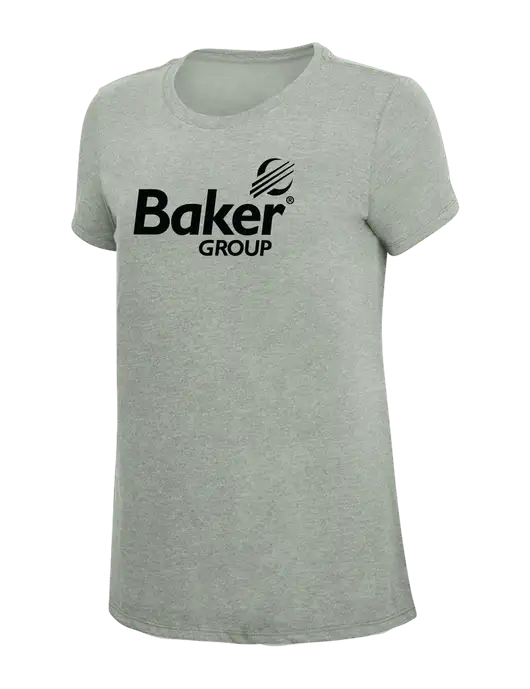 Womens Simply Soft Heathered Light Grey 4.5oz Poly/Combed Ring Spun Cotton T-Shirt w/Baker Group Logo