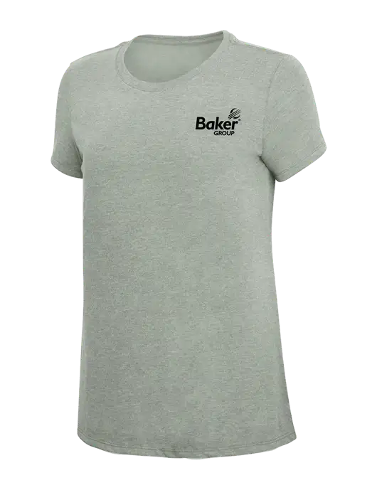 Womens Simply Soft Heathered Light Grey 4.5oz Poly/Combed Ring Spun Cotton T-Shirt w/Baker Group Logo