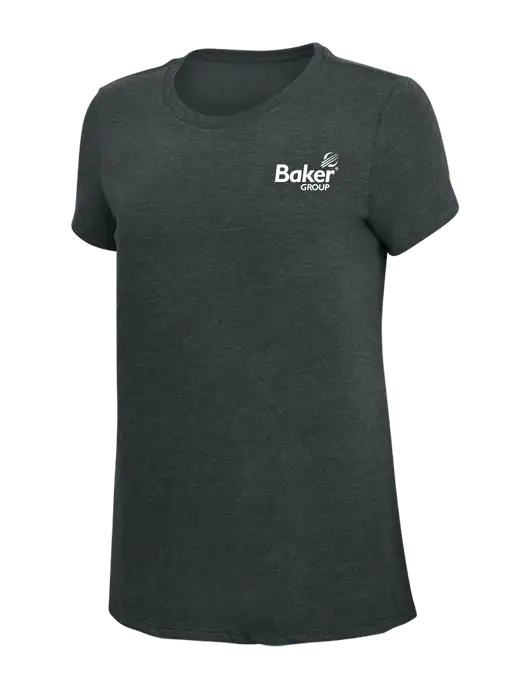 Womens Simply Soft Black Frost 4.5oz Poly/Combed Ring Spun Cotton T-Shirt w/Baker Group Logo