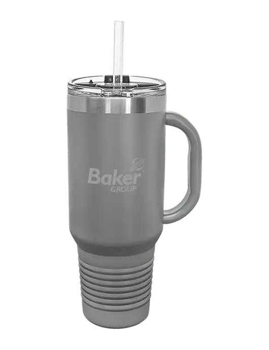 Polar Camel 40 oz. Powder Coated Vacuum Insulated Grey Travel Mug with Straw w/Baker Group Logo