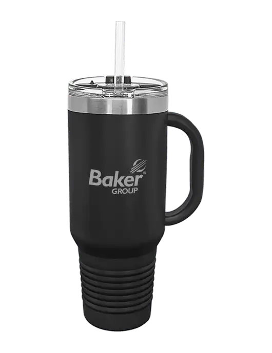 Polar Camel 40 oz. Powder Coated Vacuum Insulated Black Travel Mug with Straw w/Baker Group Logo