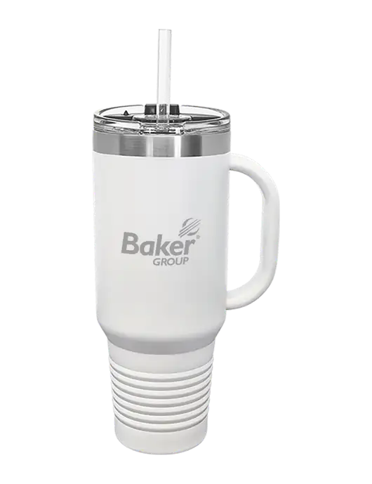 Polar Camel 40 oz. Powder Coated Vacuum Insulated White Travel Mug with Straw w/Baker Group Logo