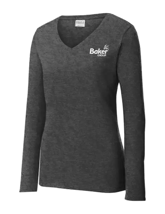 Womens  V-Neck Ring Spun Dark Heather Grey 4.5 oz Long Sleeve T-Shirt w/Baker Group Logo