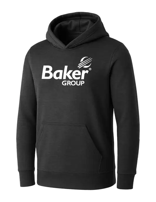 Womens Dark Grey Heather Core Fleece Pullover Hooded Sweatshirt w/Baker Group Logo