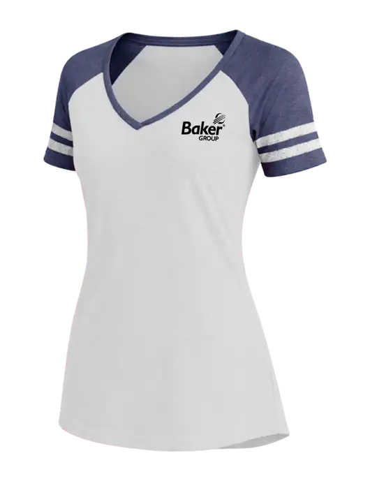 Womens White/Navy Heather V-Neck Game Tee w/Baker Group Logo
