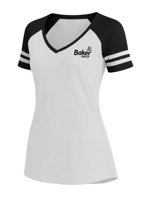 Womens White/Black V-Neck Game Tee w/Baker Group Logo