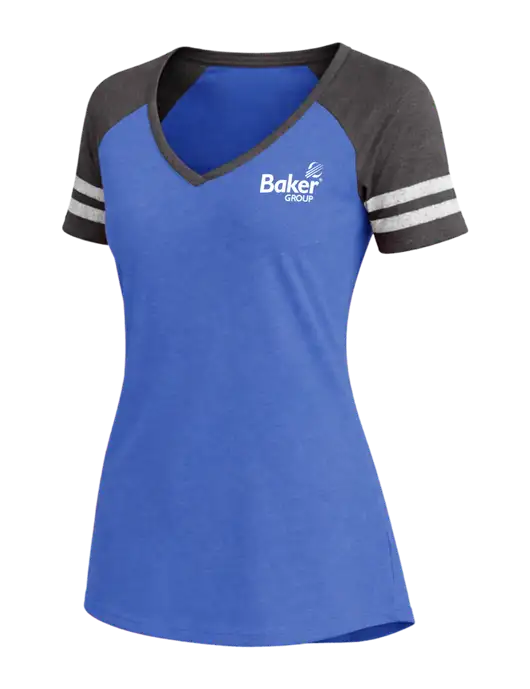 Womens Royal Heather/Charcoal Heather V-Neck Game Tee w/Baker Group Logo