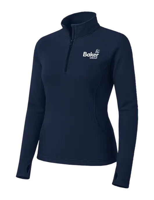Navy Womens Sport Wick Stretch 1/4 Zip Pullover w/Baker Group Logo