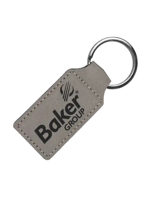 Grey Laserable Leatherette Rectangle Keychain w/Baker Group Logo