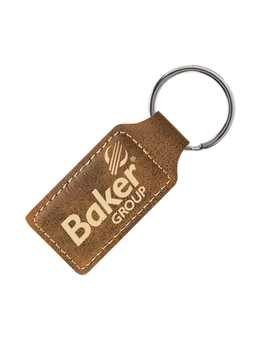 Rustic Laserable Leatherette Rectangle Keychain w/Baker Group Logo