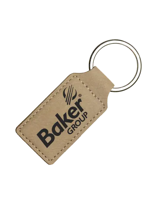 Tan Laserable Leatherette Rectangle Keychain w/Baker Group Logo
