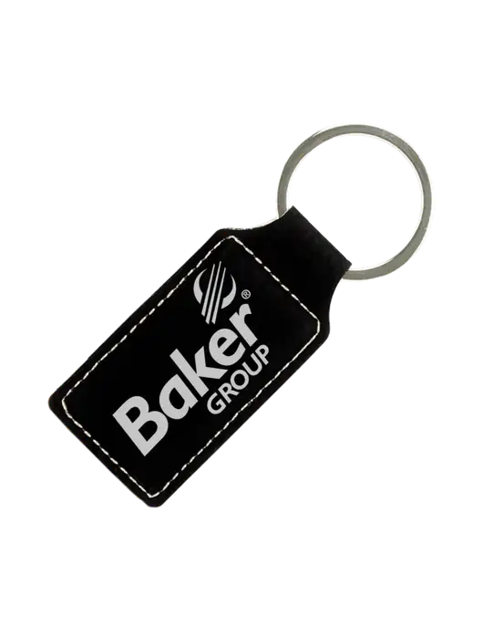 Black Laserable Leatherette Rectangle Keychain w/Baker Group Logo