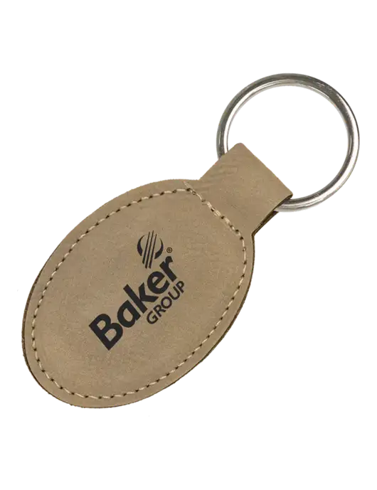 Tan Leatherette Oval Keychain w/Baker Group Logo