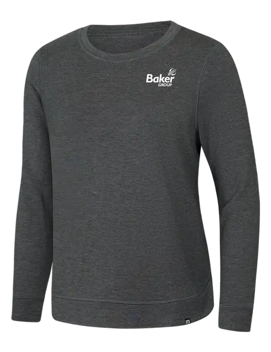 TravisMathew Womens Dark Grey Heather Lightweight Long Weekend Crew w/Baker Group Logo
