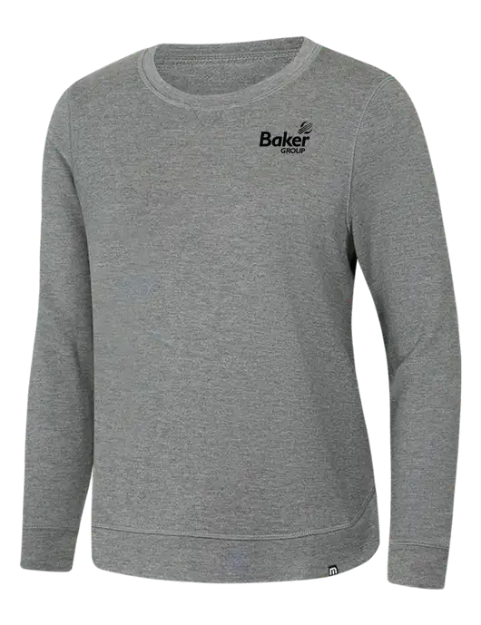 TravisMathew Womens Light Grey Heather Lightweight Long Weekend Crew w/Baker Group Logo