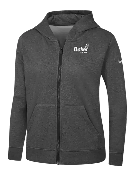 Nike Womens Club Fleece Sleeve Swoosh Full-Zip Charcoal Heather Hoodie w/Baker Group Logo