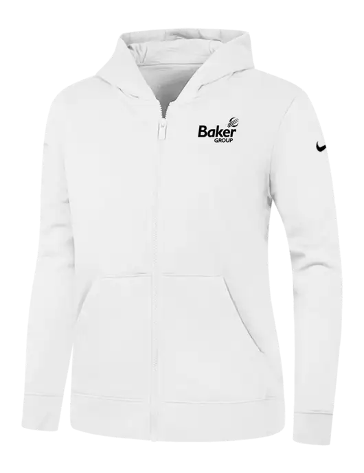 Nike Womens Club Fleece Sleeve Swoosh Full-Zip White Hoodie w/Baker Group Logo