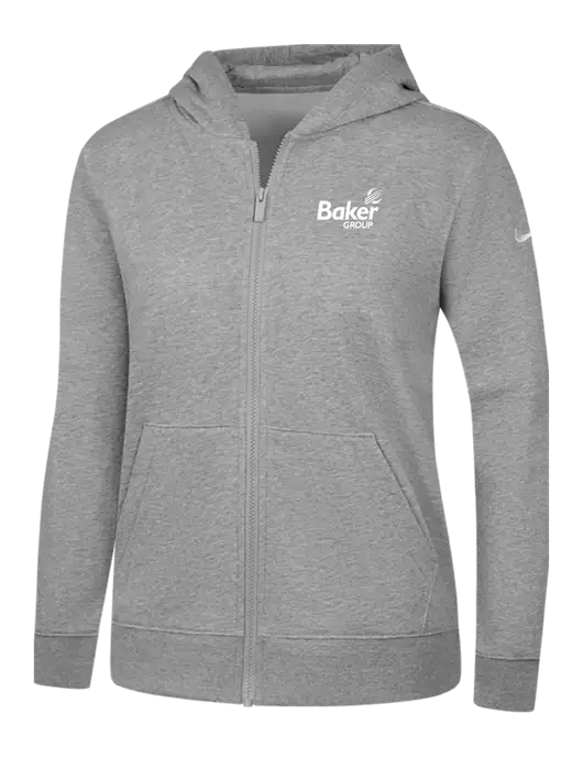 Nike Womens Club Fleece Sleeve Swoosh Full-Zip Dark Grey Heather Hoodie w/Baker Group Logo