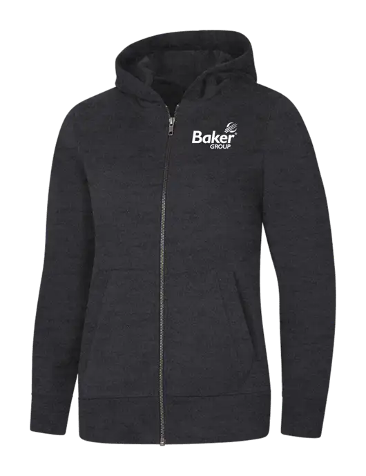 Womens Charcoal Heather Re-Fleece Full-Zip Hoodie w/Baker Group Logo