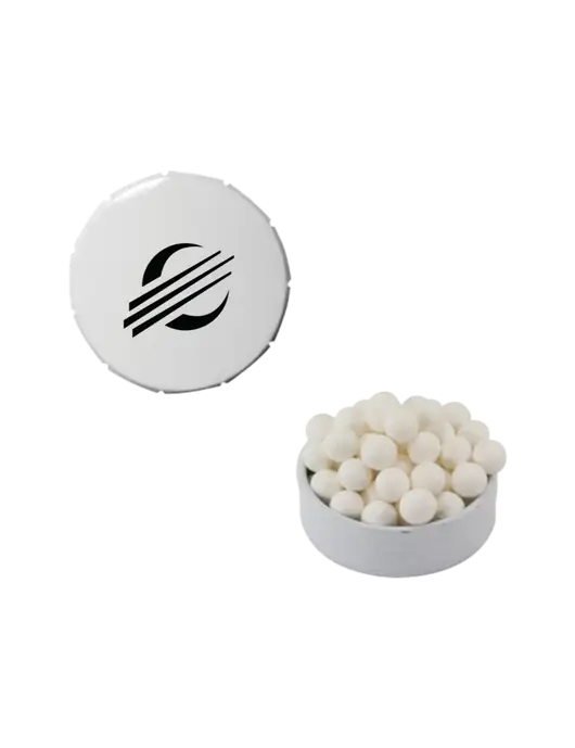 Signature Peppermints In White Snap Top Tin  w/Baker Group Icon Logo