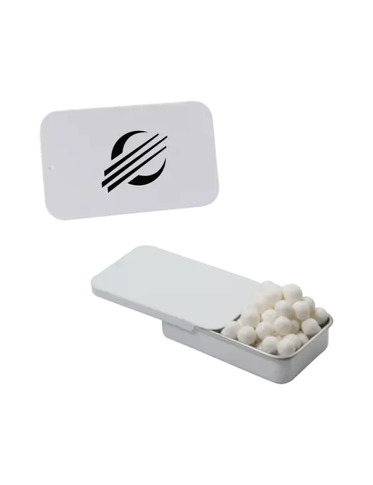 Signature Peppermints In White Slider Tin w/Baker Group Icon Logo