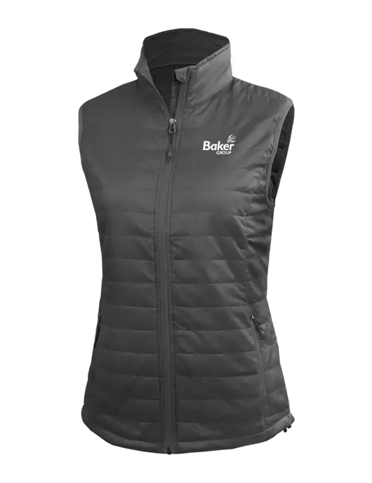 Womens Packable Dark Grey Puffy Vest w/Baker Group Logo