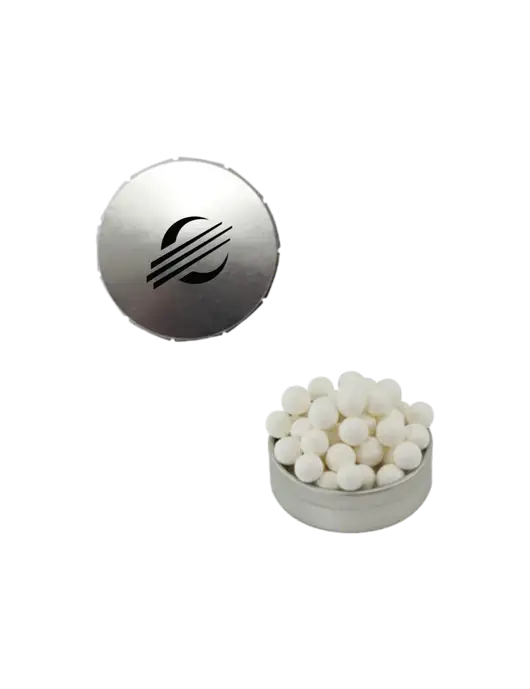 Signature Peppermints In Silver Snap Top Tin  w/Baker Group Icon Logo
