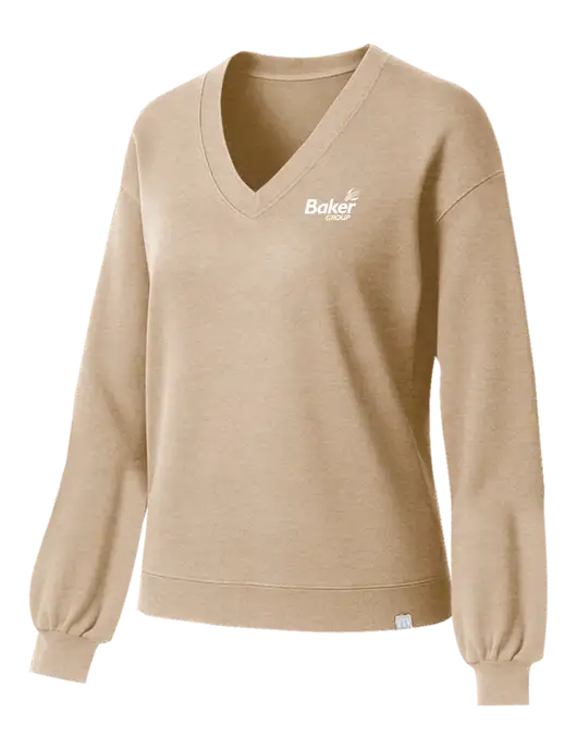 TravisMathew Womens Long Weekend Tan Heather V-Neck
 w/Baker Group Logo