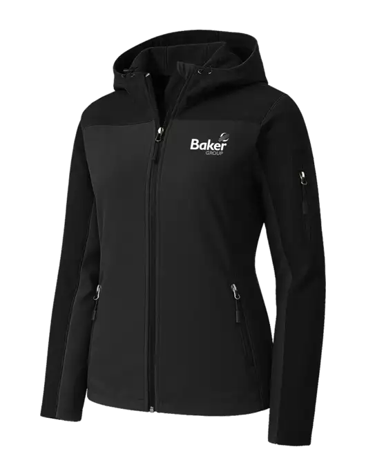 Womens Hooded Core Black Soft Shell Jacket w/Baker Group Logo