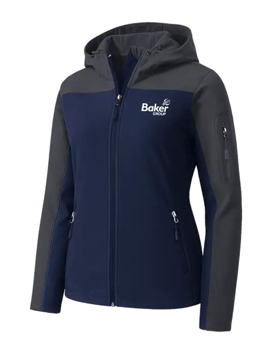 Womens Hooded Core Navy/Dark Grey Soft Shell Jacket w/Baker Group Logo