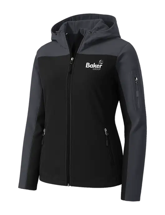 Womens Hooded Core Dark Grey/Black Soft Shell Jacket w/Baker Group Logo