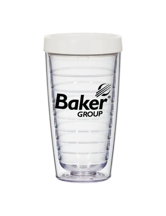 16 oz Trivex Double Wall Tumbler with White Travel Lid w/Baker Group Logo