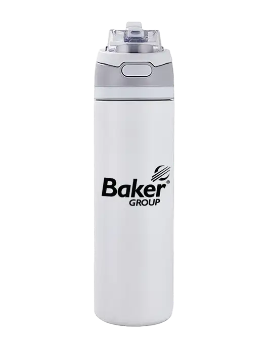 White Sip or Flip Lid Tumbler w/Baker Group Logo