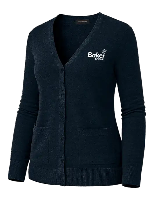 Womens Dark Navy Washable V-neck Cardigan Sweater w/Baker Group Logo