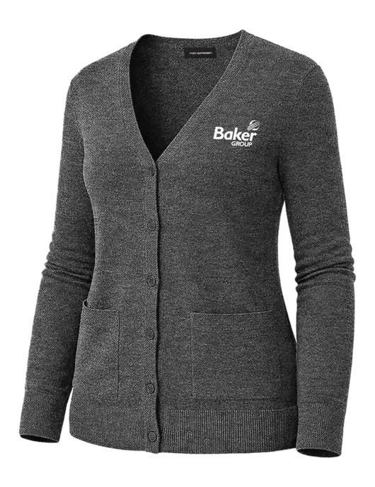 Womens Charcoal Heather Washable V-neck Cardigan Sweater w/Baker Group Logo