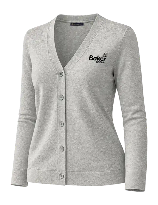 Brooks Brothers Womens Cotton Stretch Light Grey Heather Cardigan Sweater w/Baker Group Logo