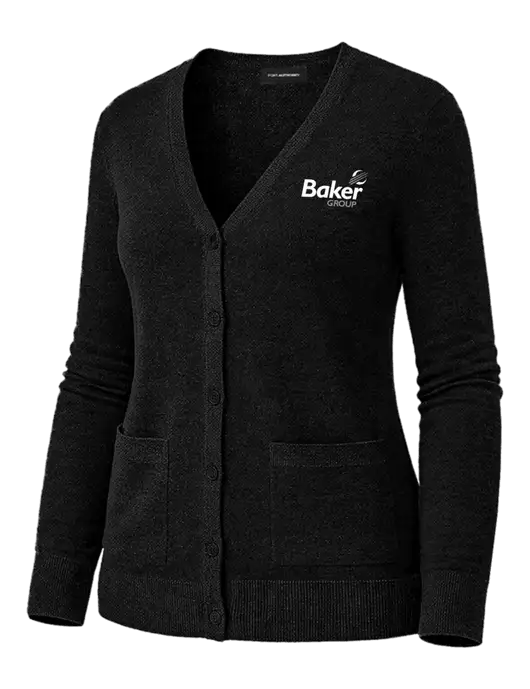 Womens Black Washable V-neck Cardigan Sweater w/Baker Group Logo