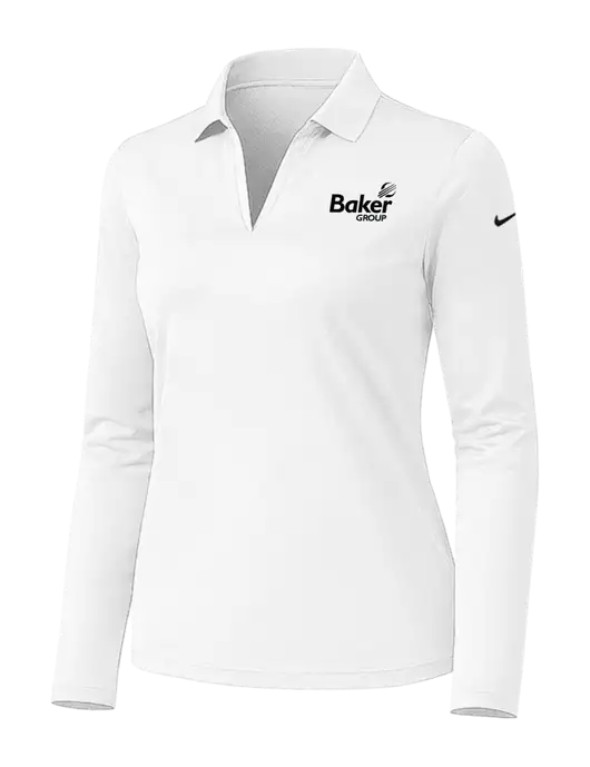 Nike Womens White Dri-FIT Micro Pique 2.0 Long Sleeve Polo w/Baker Group Logo