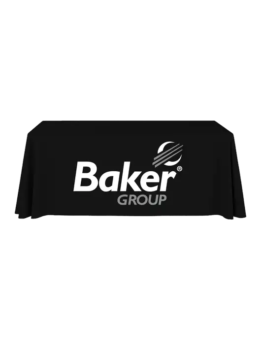 6' Stain-Resistant 4-Sided Black Table Cover w/Baker Group Logo