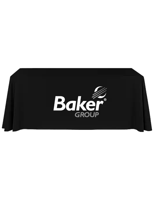 8' Stain-Resistant 4-Sided Black Table Cover w/Baker Group Logo