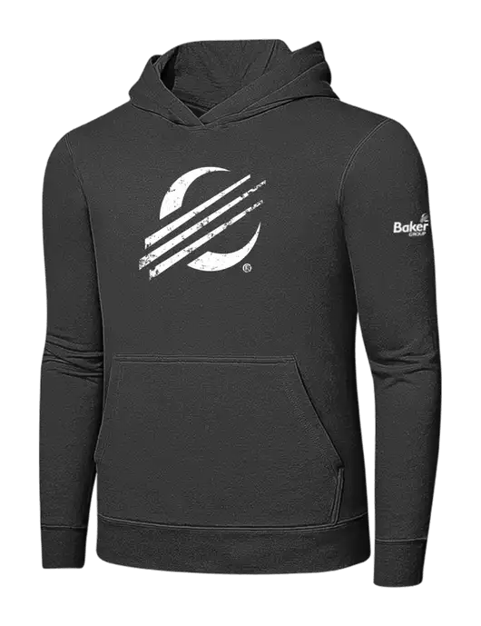 Charcoal 7.8 oz Ring Spun Hooded Sweatshirt w/Baker Distressed Bug Logo, Baker Group Logo