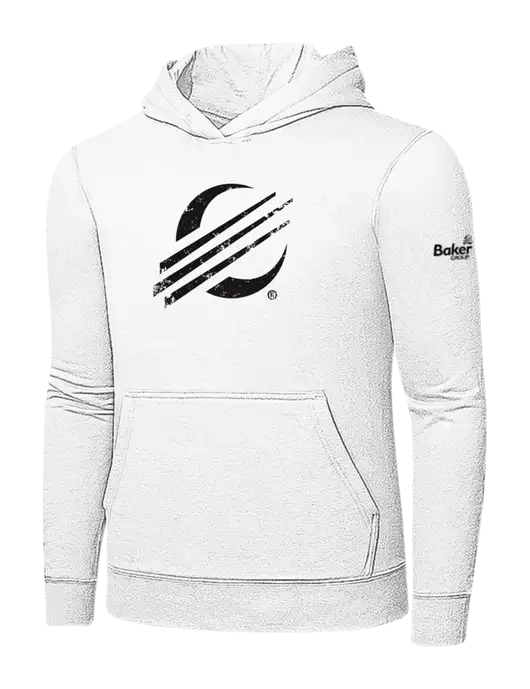 White 7.8 oz Ring Spun Hooded Sweatshirt w/Baker Distressed Bug Logo, Baker Group Logo