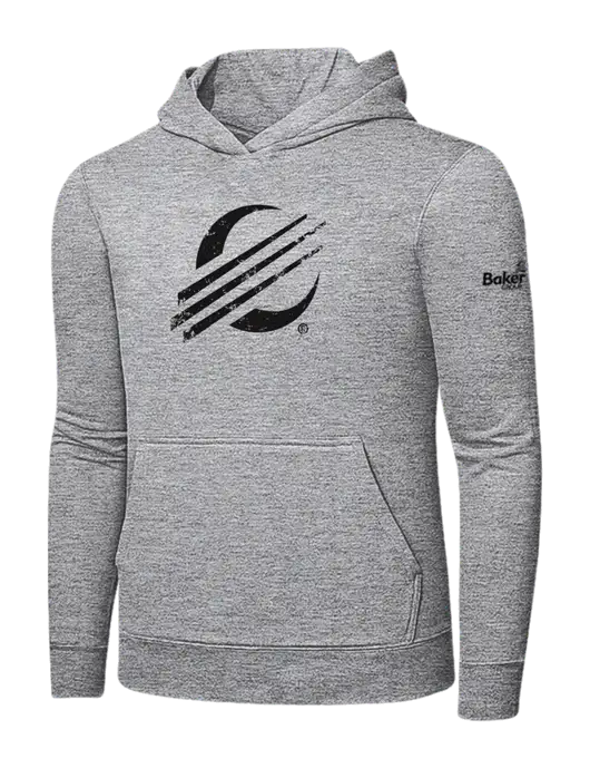 Light Grey Heather 7.8 oz Ring Spun Hooded Sweatshirt w/Baker Distressed Bug Logo, Baker Group Logo