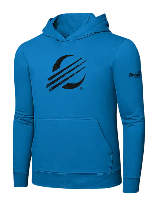 Medium Dark Sapphire 7.8 oz Ring Spun Hooded Sweatshirt w/Baker Distressed Bug Logo, Baker Group Logo
