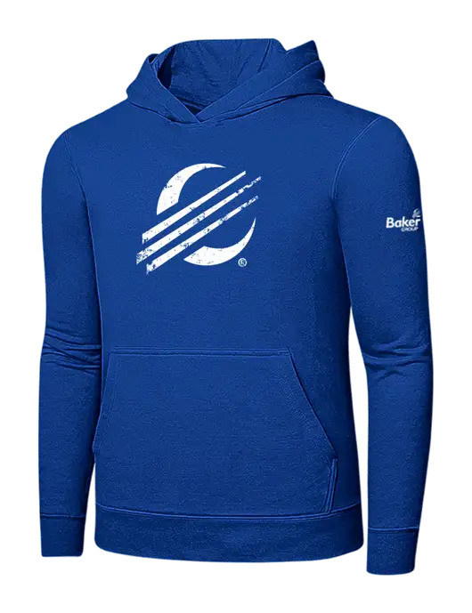 True Royal 7.8 oz Ring Spun Hooded Sweatshirt w/Baker Distressed Bug Logo, Baker Group Logo