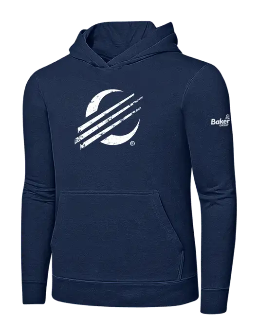 Navy 7.8 oz Ring Spun Hooded Sweatshirt w/Baker Distressed Bug Logo, Baker Group Logo