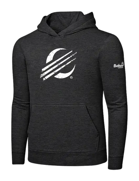 Dark Heather Grey 7.8 oz Ring Spun Hooded Sweatshirt w/Baker Distressed Bug Logo, Baker Group Logo