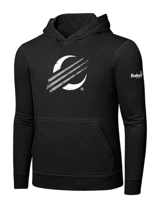 Jet Black 7.8 oz Ring Spun Hooded Sweatshirt w/Baker Distressed Bug Logo, Baker Group Logo