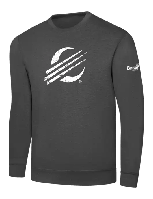 Charcoal 7.8 oz Ring Spun Crew Sweatshirt w/Baker Distressed Bug Logo, Baker Group Logo